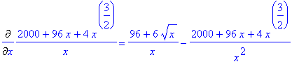 Diff((2000+96*x+4*x^(3/2))/x,x) = (96+6*x^(1/2))/x-...